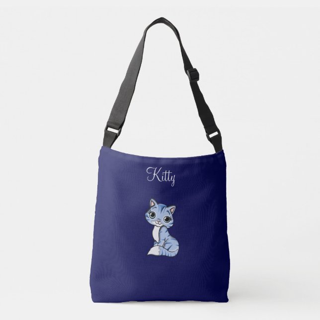 Cute tabby kitty cat on navy blue crossbody bag (Front)