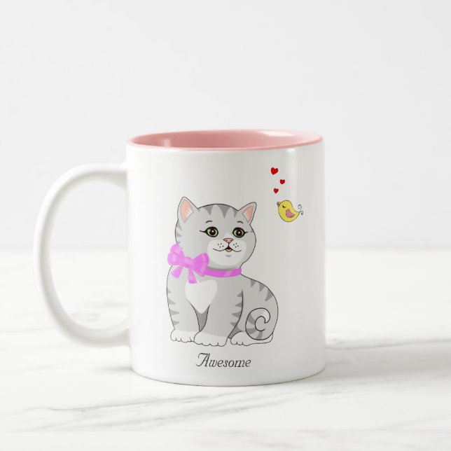 Cute Tabby Kitty Cat on White Two-Tone Coffee Mug (Left)