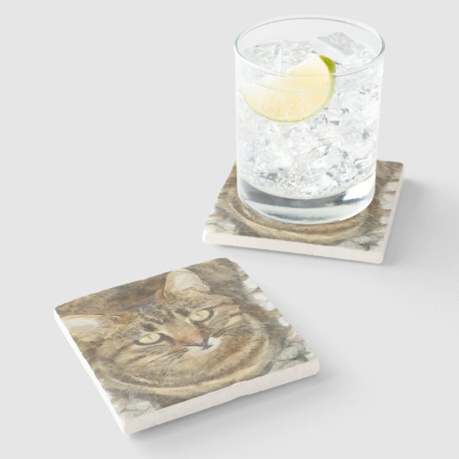 Cute Tabby Looking Up Pencil Sketch Stone Coaster (Side)