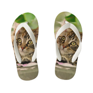 Cute Tabby Maine Coon Cat Kitten Fluffy Photo Kids Kid's Thongs