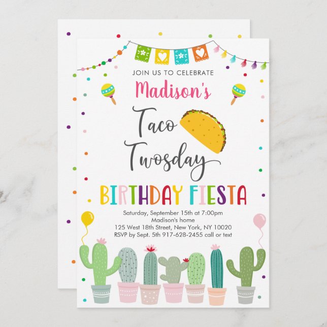 Cute Taco Twosday Fiesta Cactus Birthday Invitation (Front/Back)