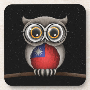 Cute Taiwanese Flag Owl Wearing Glasses Coaster