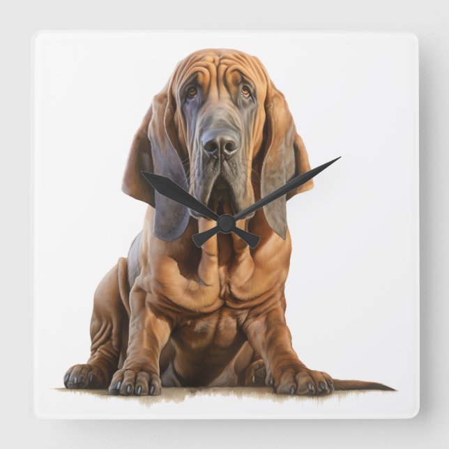 CUTE TAN AND BLACK BLOODHOUND HOUND DOG SQUARE WALL CLOCK (Front)