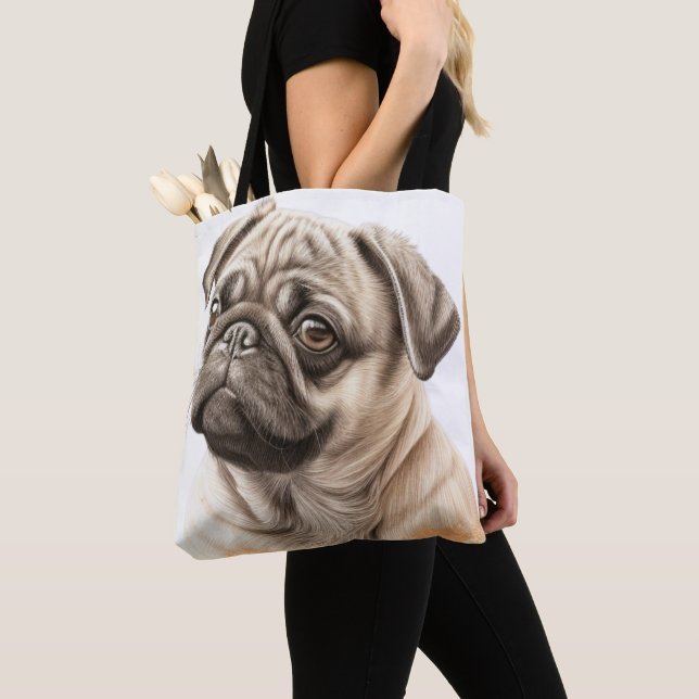 CUTE TAN & BLACK PUG PUPPY DOG TOTE BAG (Close Up)