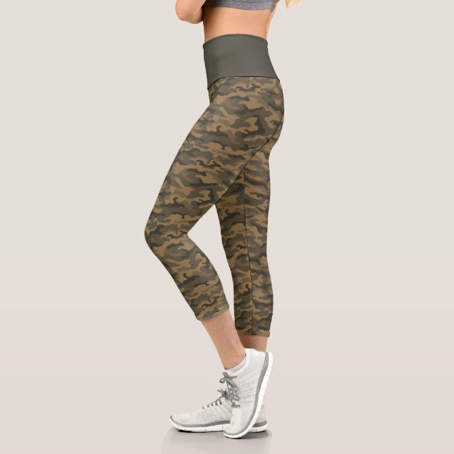 Cute Tan Brown Camo Camouflage Capri Leggings (Left)