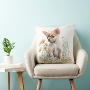 CUTE TAN CHIHUAHUA PUPPY DOG & WILDFLOWERS CUSHION