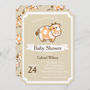 Cute Tan Cow Calf & White Ribbon Baby Shower Invitation
