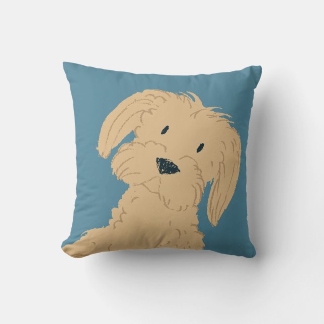 Cute tan maltese puppy dog slate blue personalised cushion (Front)