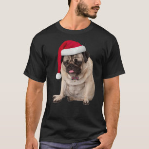 Cute Tan Pug Santa Hat Plaid Bowtie Image Christma T-Shirt
