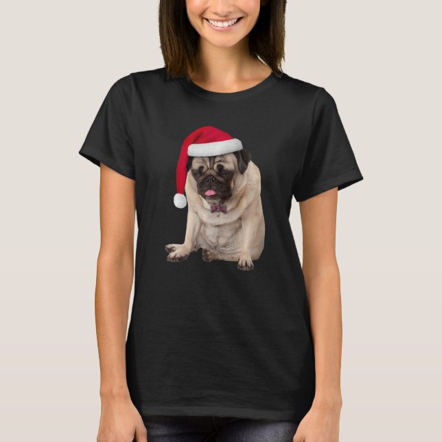 Cute Tan Pug Santa Hat Plaid Bowtie Image Christma T-Shirt (Front)