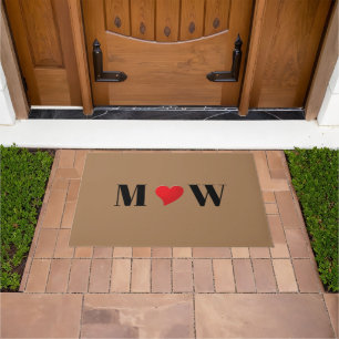 Cute tan red heart custom couple monogram initials doormat