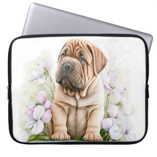 CUTE TAN SHAR PEI PUPPY DOG IN WILDFLOWERS LAPTOP SLEEVE