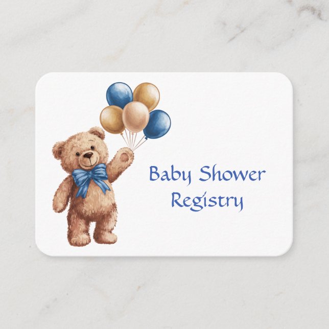 Cute Tan Teddy Bear with Balloons Boy Baby Shower Enclosure Card (Front)