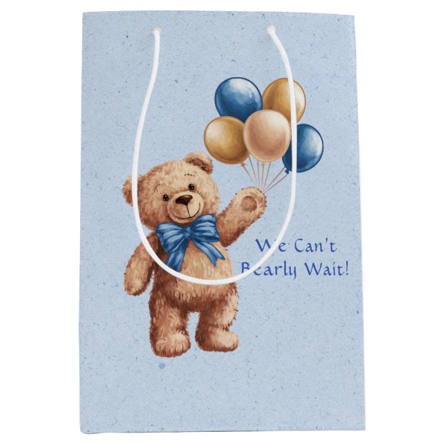 Cute Tan Teddy Bear with Balloons Boy Baby Shower Medium Gift Bag (Front)