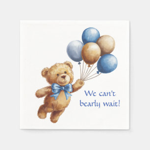 Cute Tan Teddy Bear with Balloons Boy Baby Shower Napkin