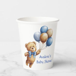 Cute Tan Teddy Bear with Balloons Boy Baby Shower Paper Cups