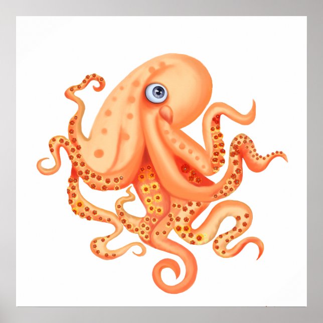 Cute tangerine octopus flowers on tentacles poster (Front)
