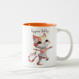Cute Tap Dancing Tabby Cat Custom Monogram   Two-Tone Coffee Mug