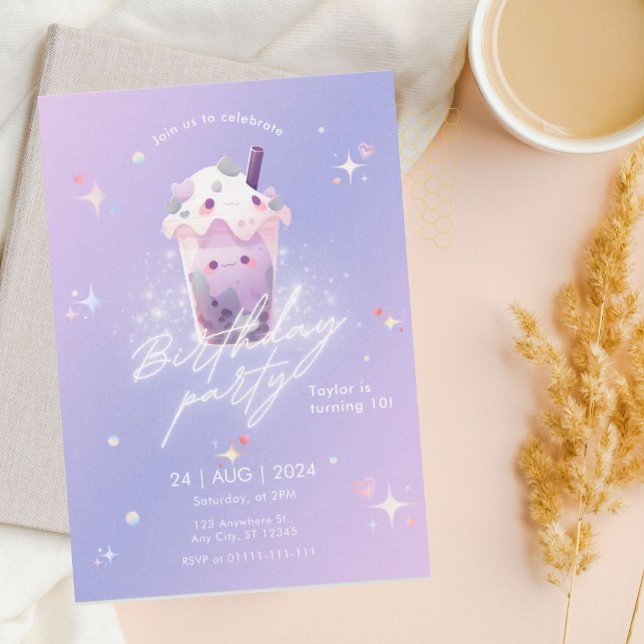 Cute Taro Boba Tea Girl Birthday Invitation (Creator Uploaded)