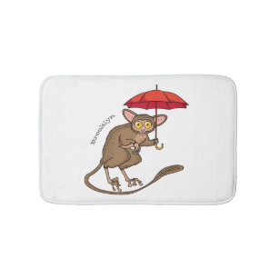 Cute Tarsier with umbrella cartoon illustration Bath Mat
