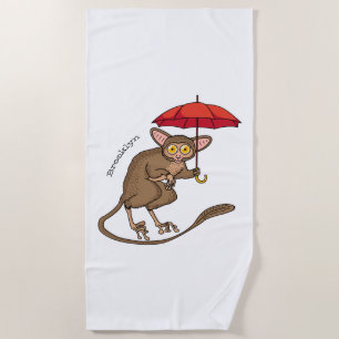 Cute Tarsier with umbrella cartoon illustration Beach Towel