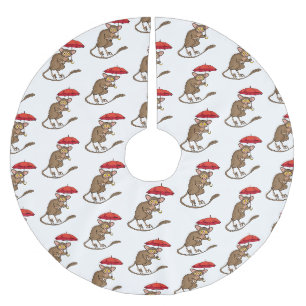 Cute Tarsier with umbrella cartoon illustration Brushed Polyester Tree Skirt