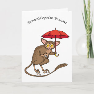 Cute Tarsier with umbrella cartoon illustration Card