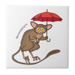 Cute Tarsier with umbrella cartoon illustration Ceramic Tile