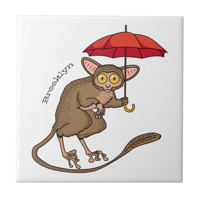 Cute Tarsier with umbrella cartoon illustration Ceramic Tile (Front)