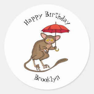 Cute Tarsier with umbrella cartoon illustration Classic Round Sticker