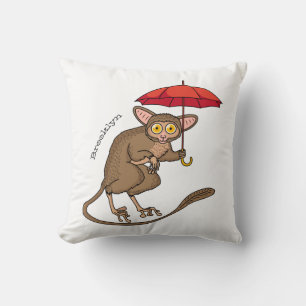 Cute Tarsier with umbrella cartoon illustration Cushion