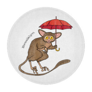Cute Tarsier with umbrella cartoon illustration Cutting Board