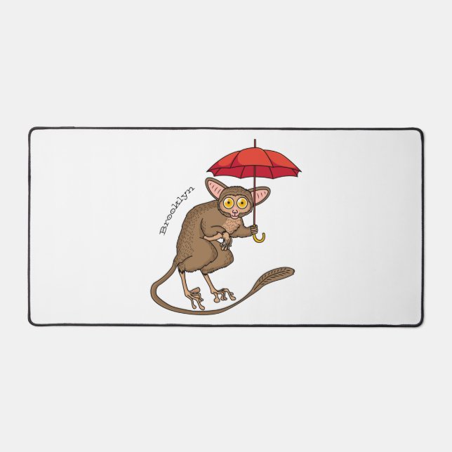 Cute Tarsier with umbrella cartoon illustration  Desk Mat (Front)