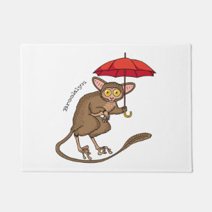 Cute Tarsier with umbrella cartoon illustration Doormat