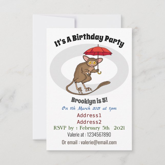Cute Tarsier with umbrella cartoon illustration  Invitation (Front)