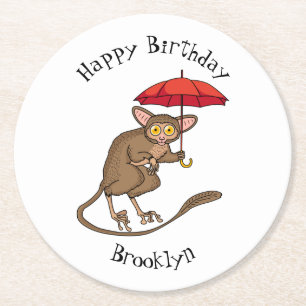 Cute Tarsier with umbrella cartoon illustration Round Paper Coaster