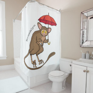 Cute Tarsier with umbrella cartoon illustration Shower Curtain