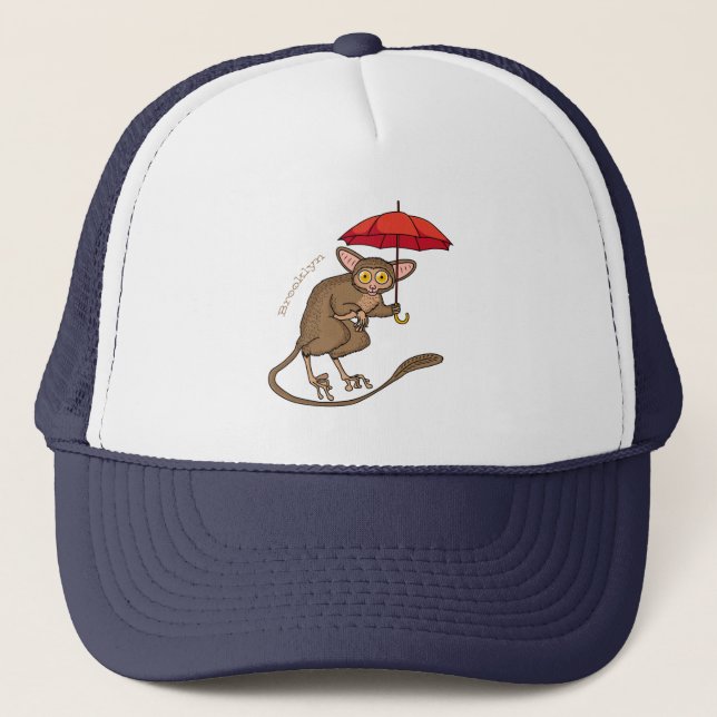 Cute Tarsier with umbrella cartoon illustration Trucker Hat (Front)