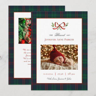 Cute Tartan and Bow Photo Christmas Birth Announcement