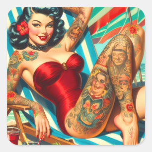 Cute Tattooed Swimsuit Pin-up Square Sticker