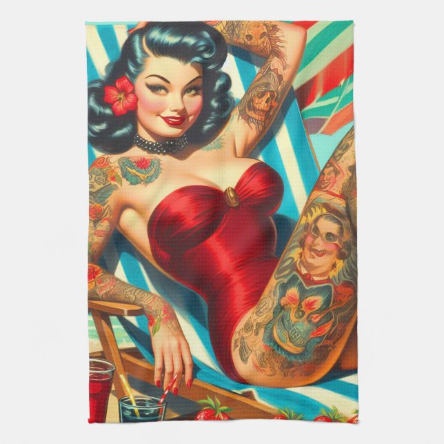 Cute Tattooed Swimsuit Pin-up Tea Towel (Vertical)