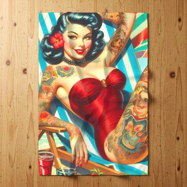 Cute Tattooed Swimsuit Pin-up Tea Towel (Creator Uploaded)
