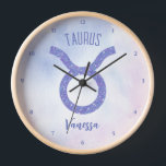 Cute Taurus Astrology Sign Personalised Purple Clock<br><div class="desc">This pretty,  personalised purple and lavender Taurus clock features your astrological sign from the Zodiac in a beautiful sparkle like the constellations. Customise this cute astrology symbol gift with your name in beautiful cursive script for someone with a late April or early May birthday.</div>