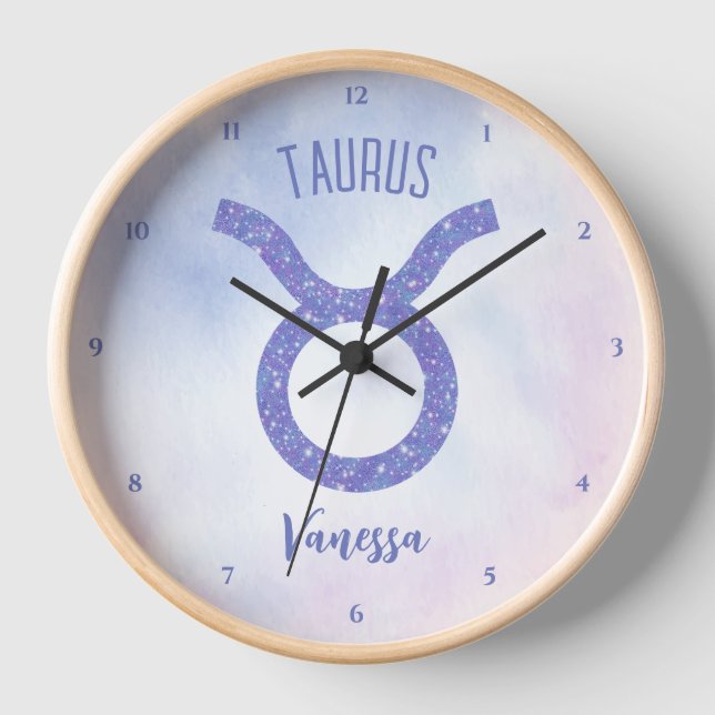 Cute Taurus Astrology Sign Personalised Purple Clock (Front)