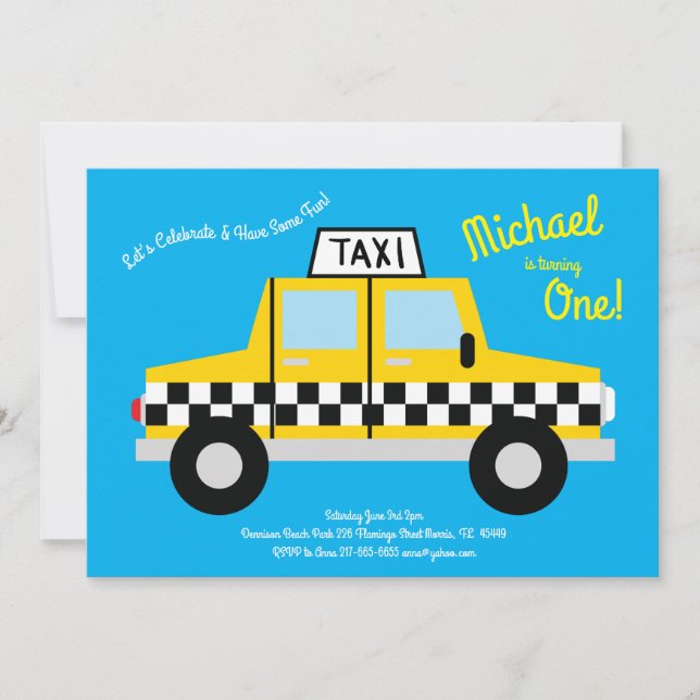Cute Taxi Cab Car Kids 1st Birthday Party Invitation (Front)
