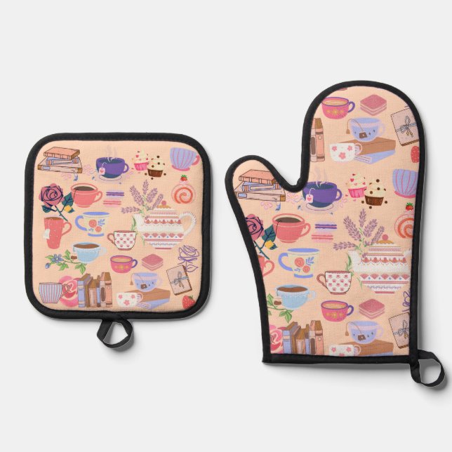 Cute Tea and Books Oven Mitt & Pot Holder Set (Front)