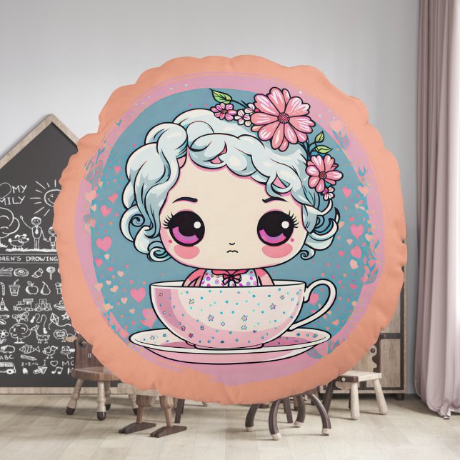 Cute Tea Cup Doll Round Pillow (Creator Uploaded)