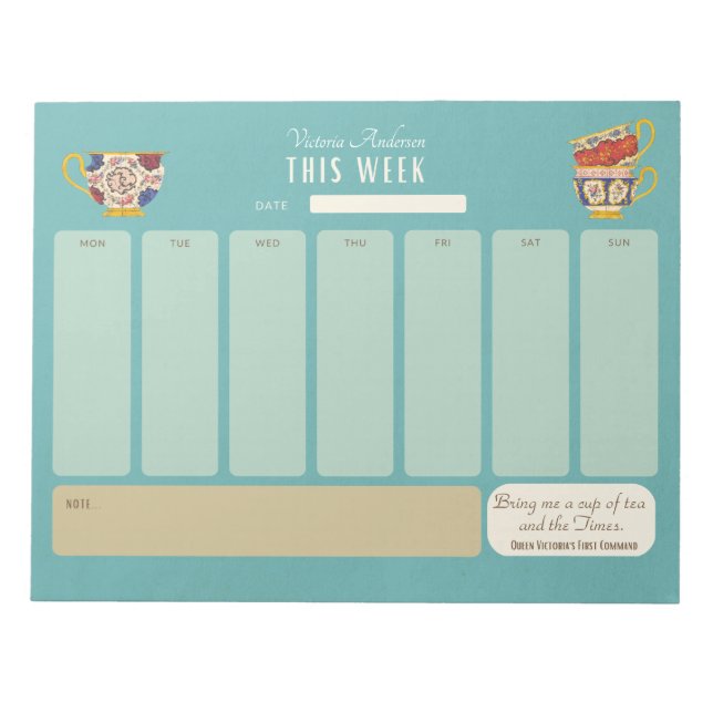 Cute Tea Drinker Personalised Weekly Agenda Notepad (Front)