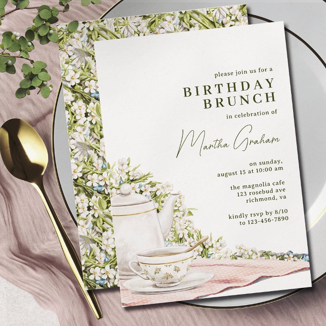 Cute Tea + Floral Garden | Elegant Birthday Brunch Invitation (Creator Uploaded)