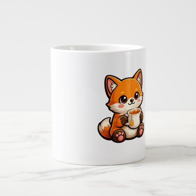 Cute Tea Fox Illustration – Cozy Fox Drinking Tea Large Coffee Mug (Front)
